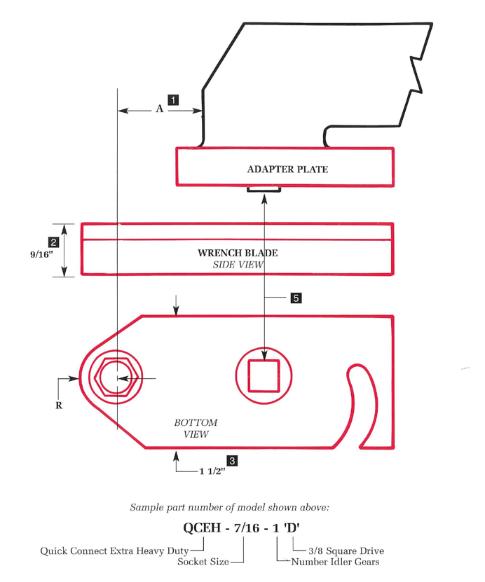 QCEH technical diagram showing adapter plate, wrench blade side view, and bottom view with key dimensions
