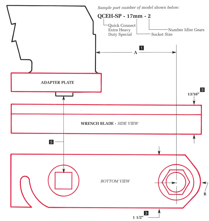 QCEH-SP technical diagram showing adapter plate, wrench blade side view, and bottom view with key dimensions