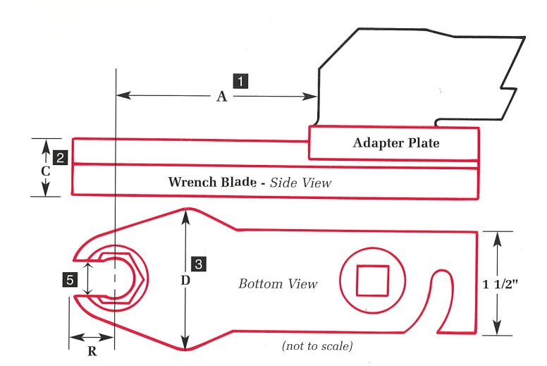 QCEH-TW - SP technical diagram showing adapter plate, wrench blade side view, and bottom view with key dimensions