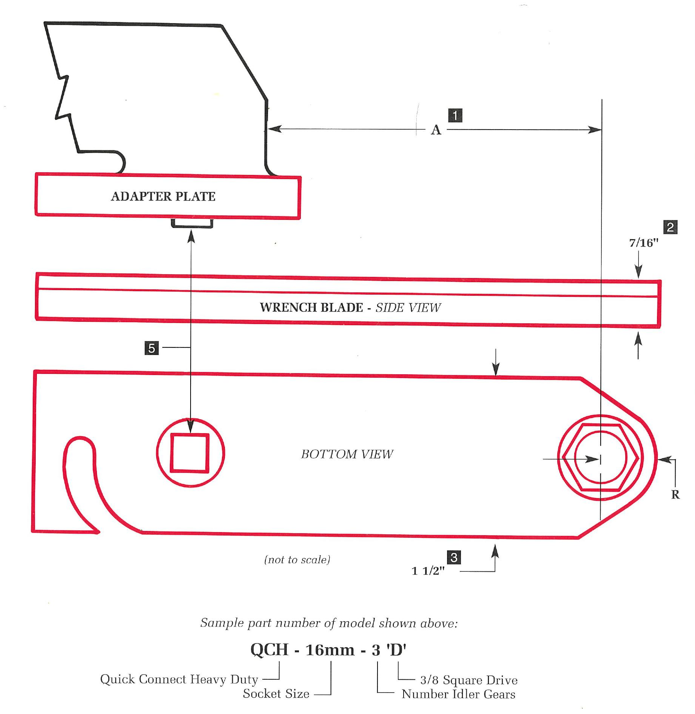 QCH technical diagram showing adapter plate, wrench blade side view, and bottom view with key dimensions