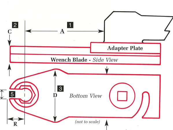 QCH-TW technical diagram showing adapter plate, wrench blade side view, and bottom view with key dimensions