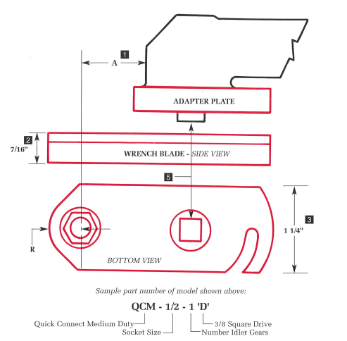 QCM technical diagram showing adapter plate, wrench blade side view, and bottom view with key dimensions